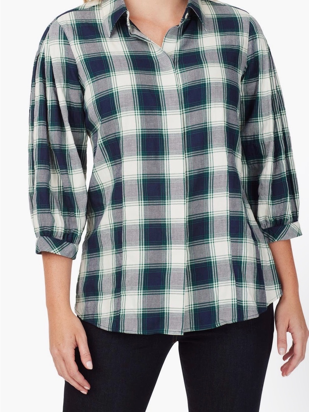 Foxcroft white,green and navy plaid pattern with 3/4 length sleeve, sz 20w, nwt
